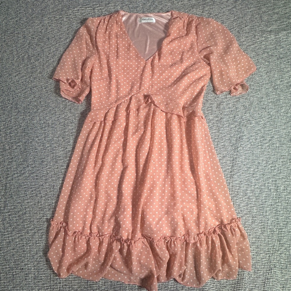 Manydress Pink Polka Dot V-Neck Ruffle Mini Dress Short Flutter Sleeve Size M